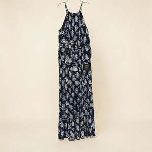 Lulus Peak Perfection Navy Blue Floral Print Pleated Belted Midi Dress
